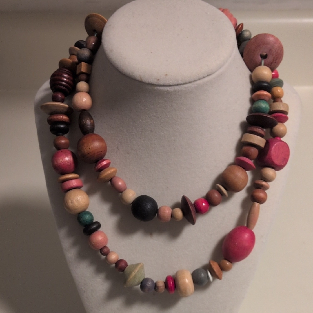 Multicolor Pink Brown Green Black Wooden‎ Beaded Bohemian Costume Necklace